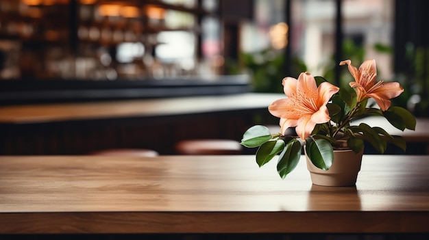 Through the cafe window a wooden surface hosts a flower coffee machine and cups