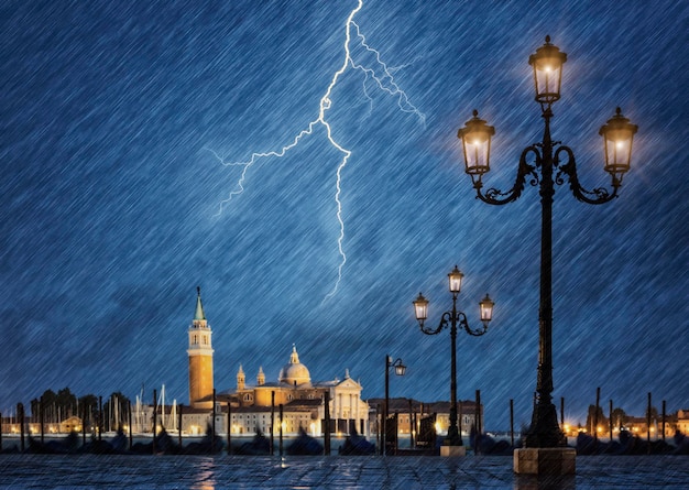 Free photo thunderstorm with lightning in the sky in venice