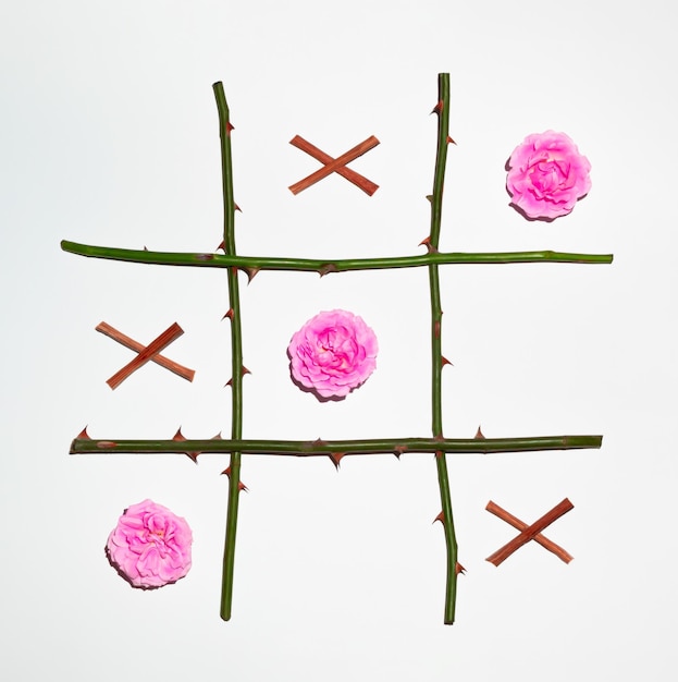 Tic tac toe made of pink roses and branches on white background flat lay romantic x o concept