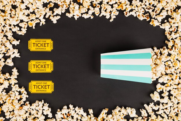 Tickets and popcorn box in popcorn frame