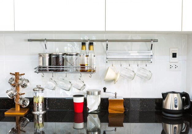 Tidy kitchen with marble surface