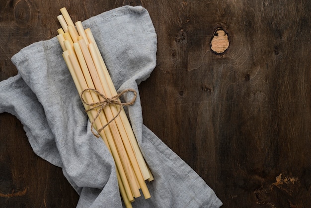 Tied bamboo organic straws and cloth