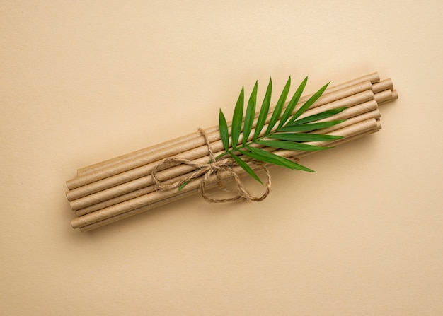 Free photo tied bamboo organic straws and leaves