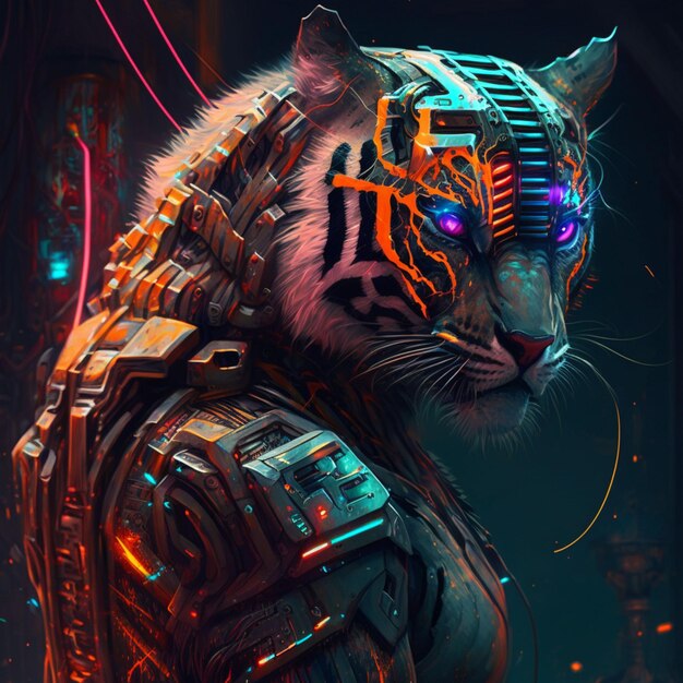 Тигр с иллюстрацией дизайна киберпанка