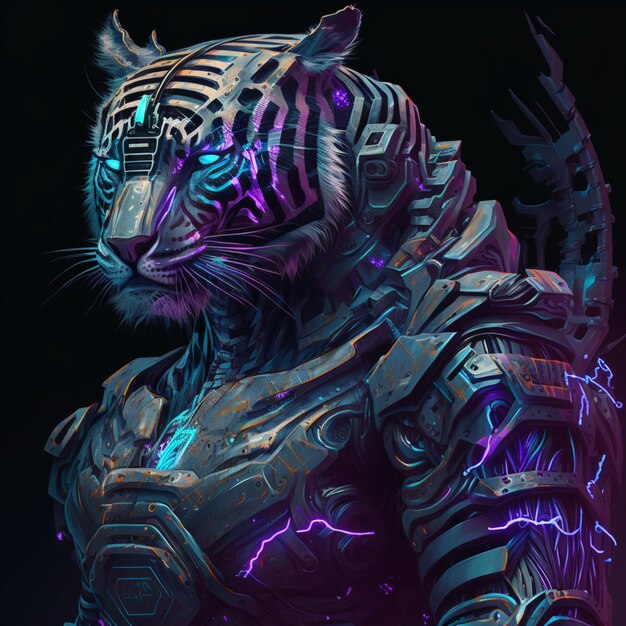 Tiger with cyborg design on black background