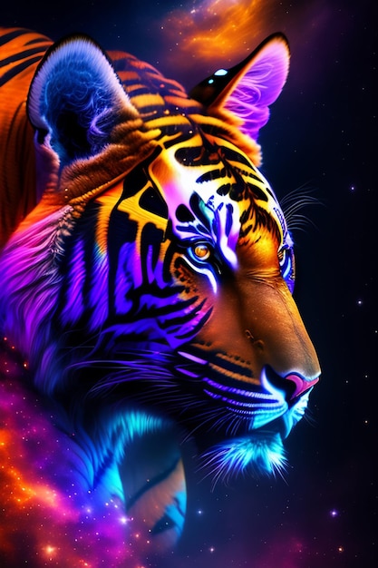 A tiger with a rainbow background