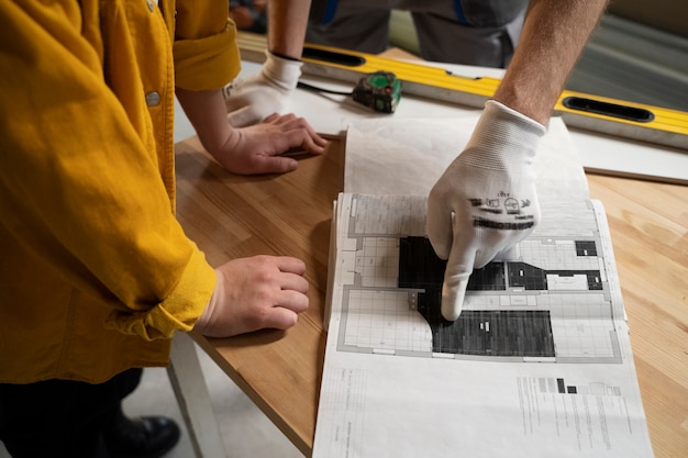 Free photo tiler working on renovation of apartment