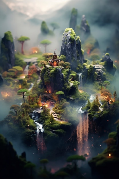 Tilt shift medieval fantasy landscape