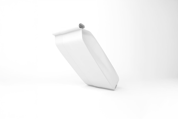 a tilted blank white paper bag on a white background