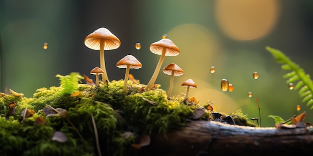 Tiny mushrooms peek out in a forest a natural wonder