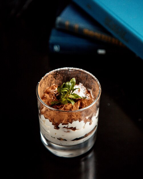 Tiramisu dessert topped with greenery