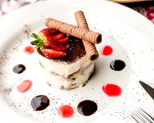 Tiramisu savoyardi cookies espresso mascarpone cheese rum cinnamon strawberry side view