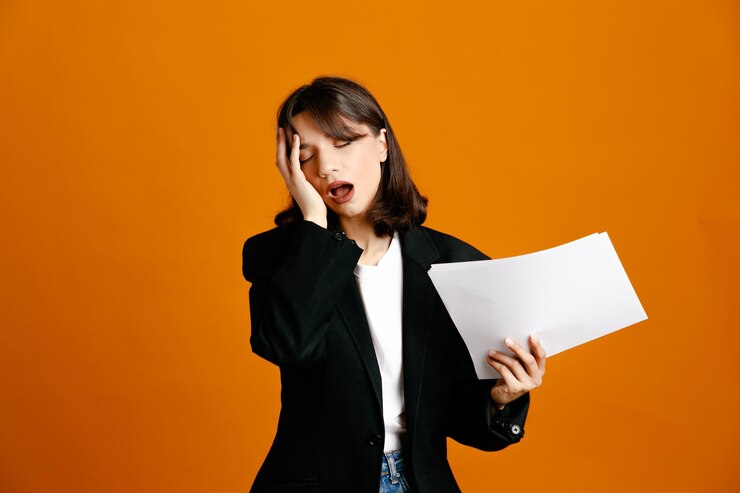 Free Photo tired holding papers young beautiful female wearing black jacket isolated on orange background