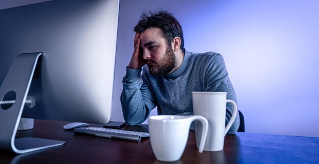 Усталый мужчина сидит перед компьютером с чашкой кофе с цветным освещением