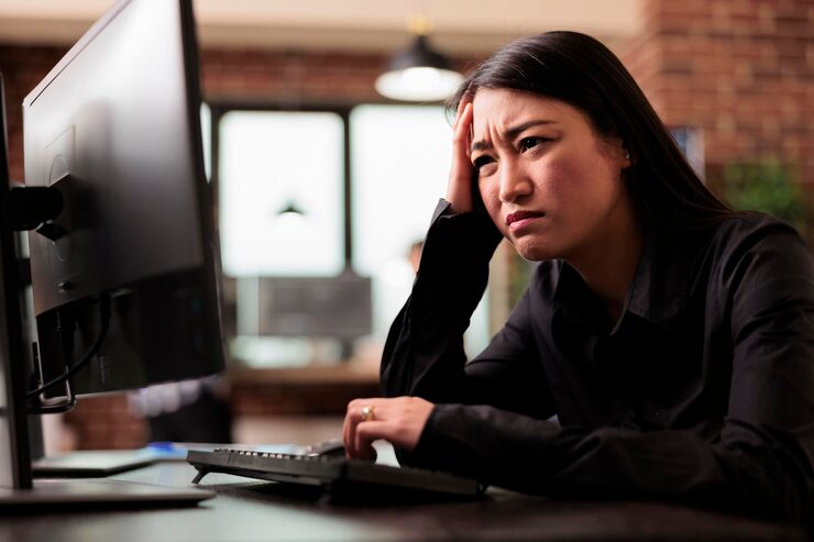 Free Photo tired tech engineer was struggling to keep up with the demands of the software development project, feeling the stress of overwork. coder writing ai algorithm and sitting at desk in it company.