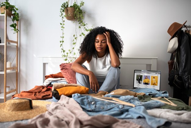 Tired woman sitting in bed full shot