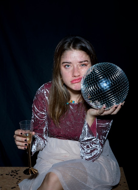 Tired woman sitting with disco ball in hand