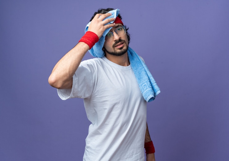 Free Photo tired young sporty man wearing headband with wristband wiping forehead with towel 