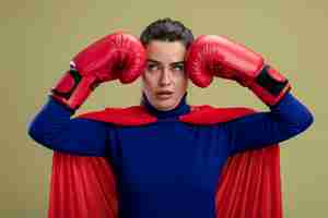 Free photo tired young superhero girl wearing boxing gloves putting hands on temple isolated on olive green