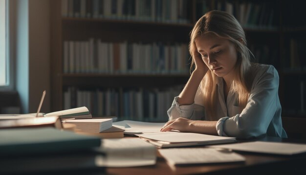 Tired young woman leaning on desk frustrated with homework problems generated by AI