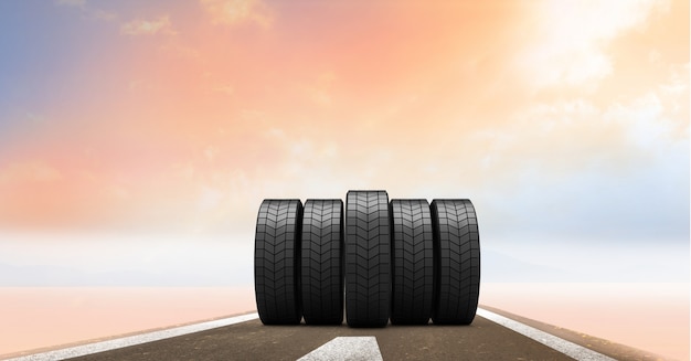 Tires on the road at sunset