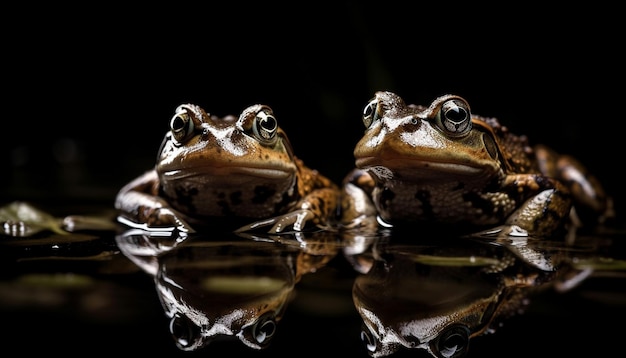 Free photo toad pair sitting staring slimy wet reflection generated by ai