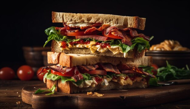 Бесплатное фото Поджаренная чиабатта с мясом на гриле и овощами, созданная искусственным интеллектом