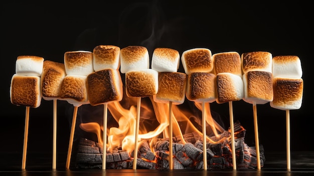 Foto gratuita marshmallows tostati su bastoni su uno sfondo pulito