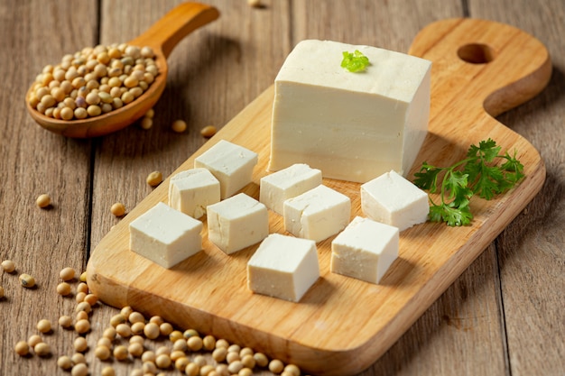 Tofu made from soybeans Food nutrition concept.