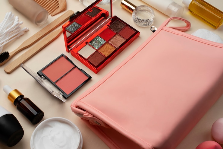 Free Photo toilet bag and products high angle
