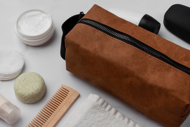 toilet bag and products above view