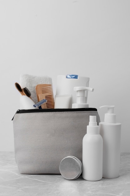 Free photo toilet bag with products arrangement