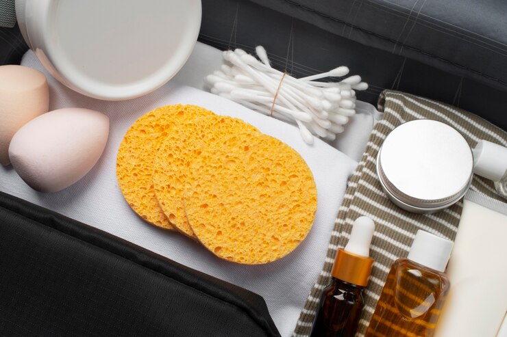 Free Photo toilet bag with products flat lay