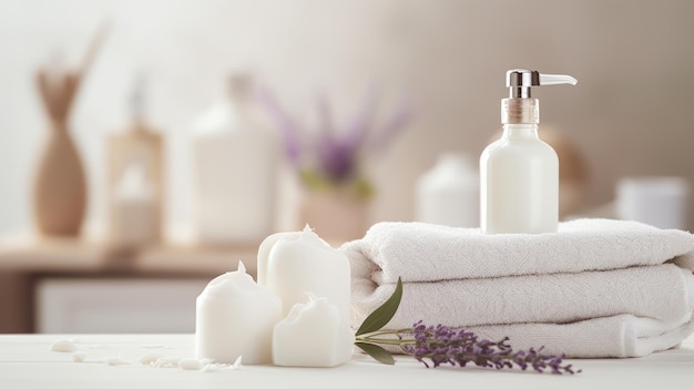 Free photo toiletries soap towel creams and lotions on a blurred white bathroom spa background