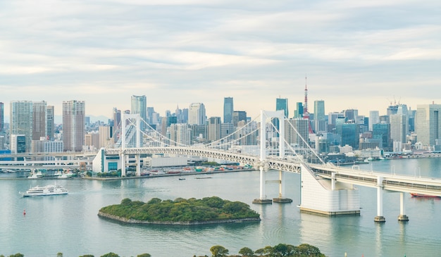 Tokyo skyline with Tokyo tower and rainbow bridge.