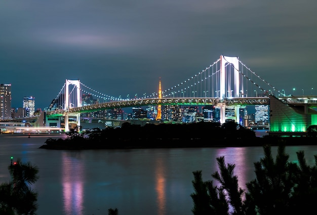 Foto gratuita orizzonte di tokyo con torre di tokyo e ponte arcobaleno.