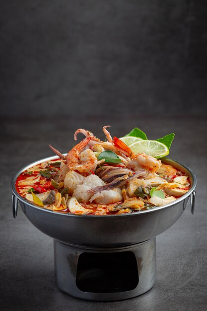 Tom Yum Mixed Seafood in Thick Soup Hot Pot Spicy Thai Food.