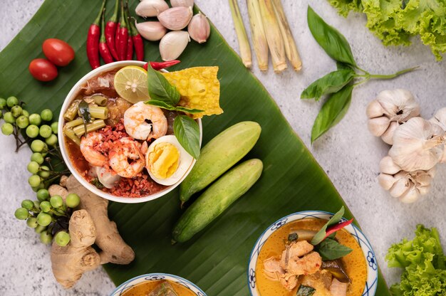 Tom Yum Noodles with Shrimp and Boiled Eggs.