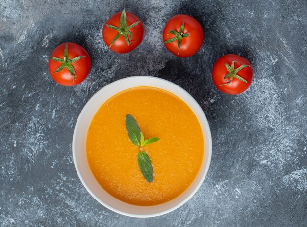 Tomato soup in white ceramic bowl with fresh tomatoes on grey table. 