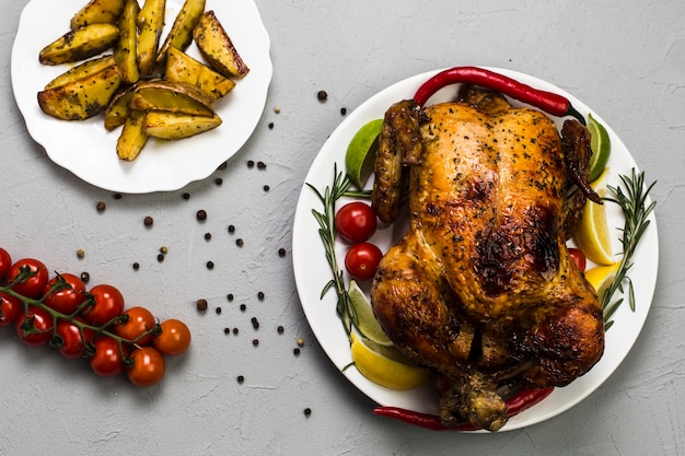 Tomatoes and fried potatoes near chicken