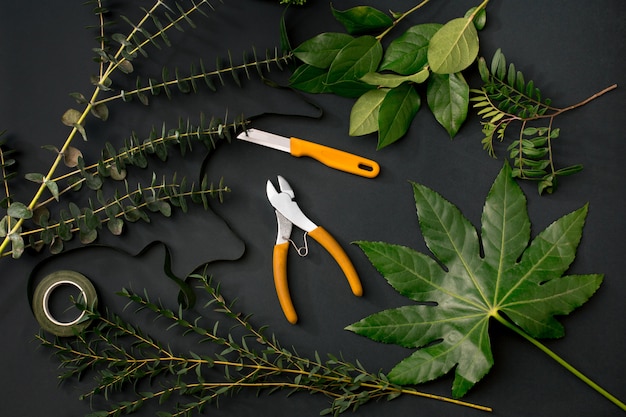 Tools and accessories florists need for making up a bouquet