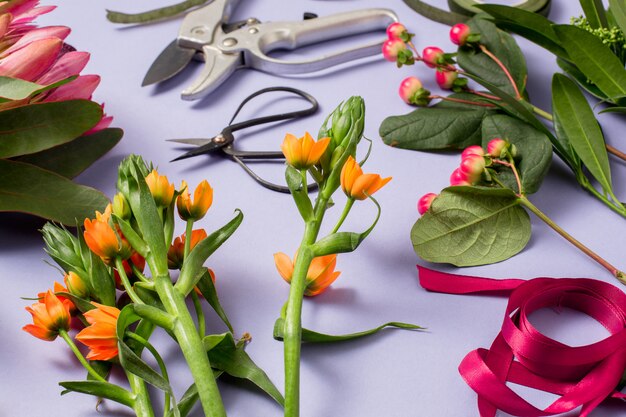 Tools and accessories florists need for making up a bouquet