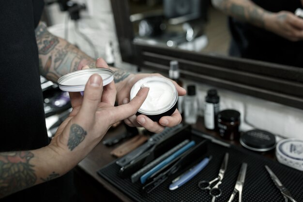 Tools for cutting beard barbershop top view. Vintage tools of barbershop