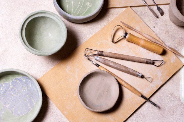 Tools for pottery on table