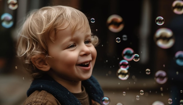 Toothy smile blowing bubbles carefree childhood fun generated by AI