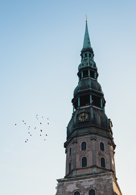 The top of a clocktower with green top and birds flying next it