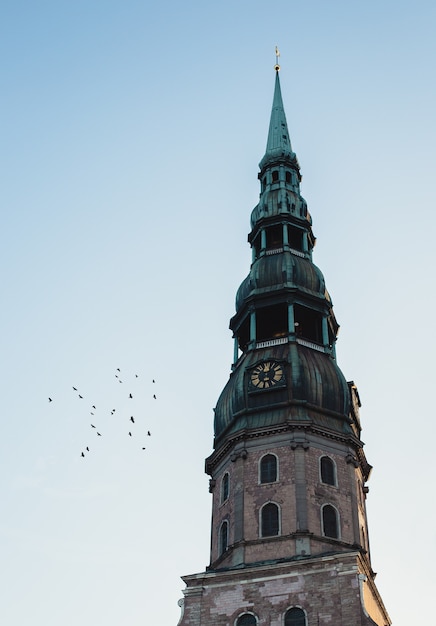 The top of a clocktower with green top and birds flying next it