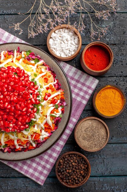 Top close-up view dish on tablecloth tasty dish in plate on the checkered tablecloth and colorful spices black pepper