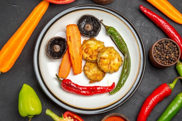 Top close-up view vegetables bowls of spices carrots hot peppers roasted vegetables