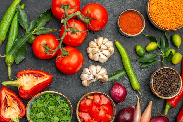 Top close-up view vegetables colorful vegetables spices and lentil